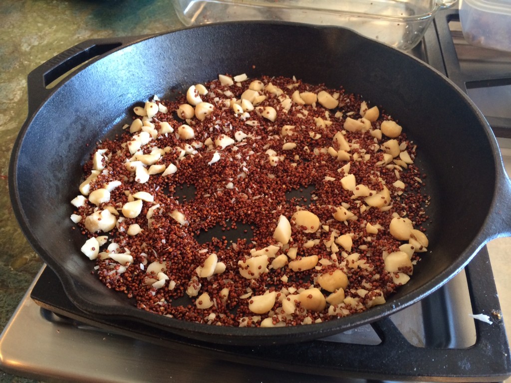 Roasting macadamias and quinoa.
