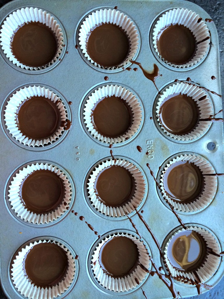 Muffin tin with chocolate.