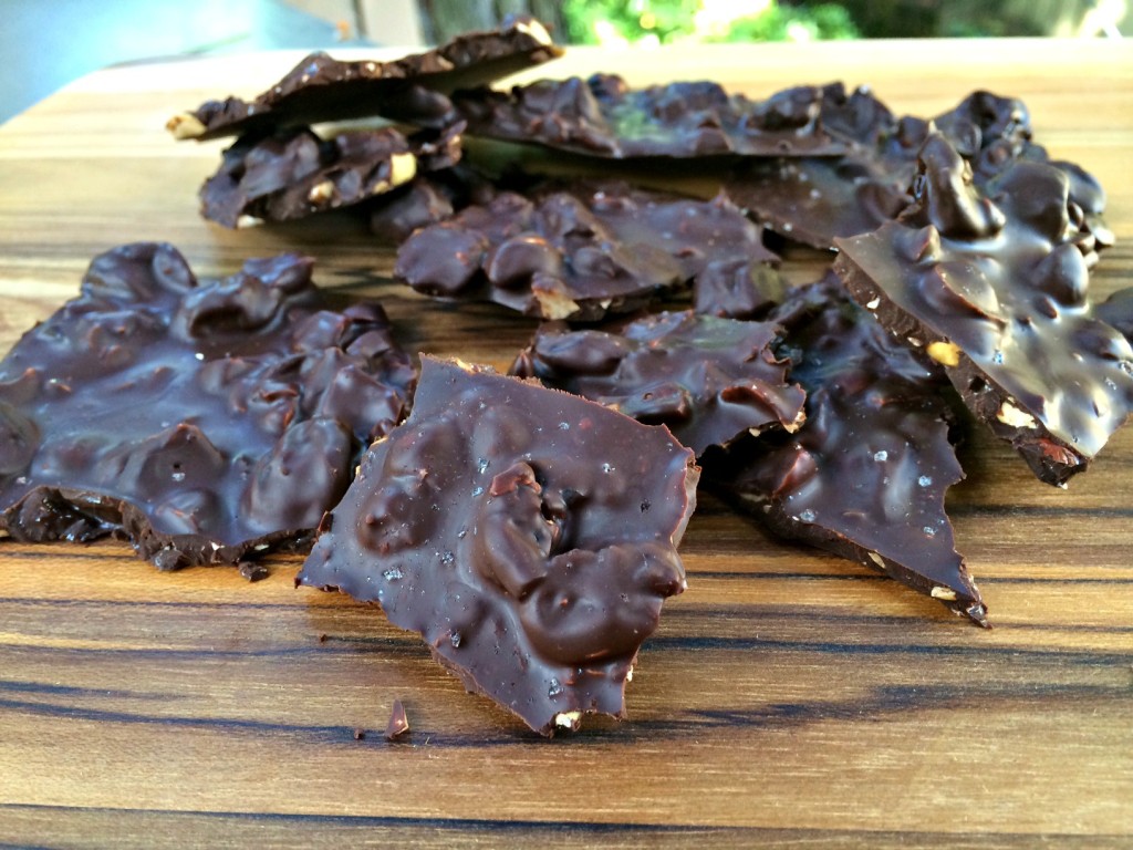 Finished dark chocolate, cherry and hazelnut bark.