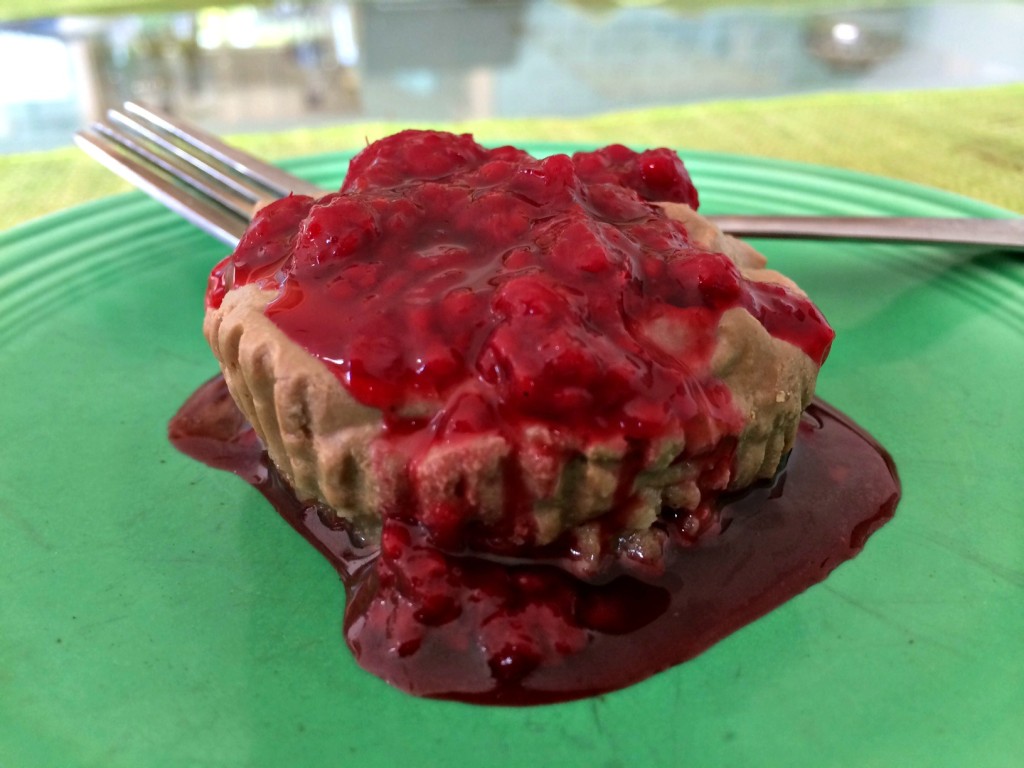 Chocolate, raw, vegan cheesecake with raspberry sauce.